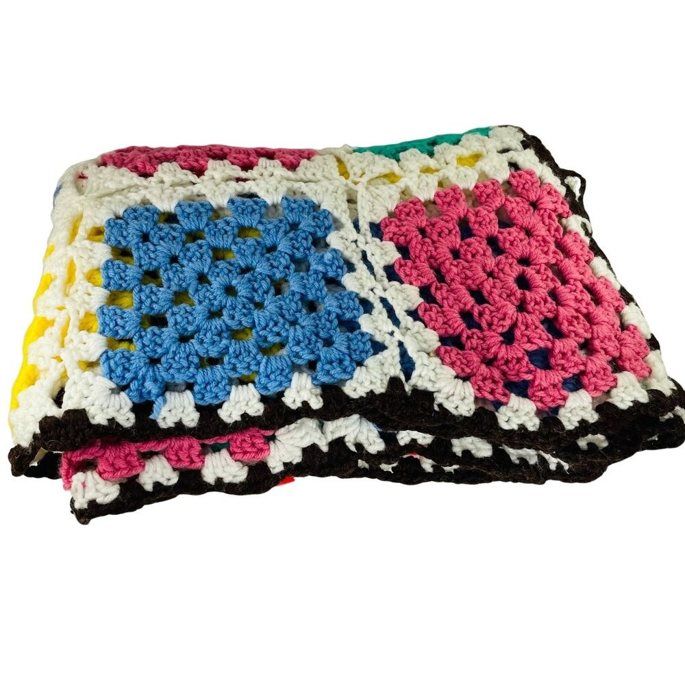 Vintage Crochet Afghan Blanket Colorful Granny Square Throw 76 x 50 u